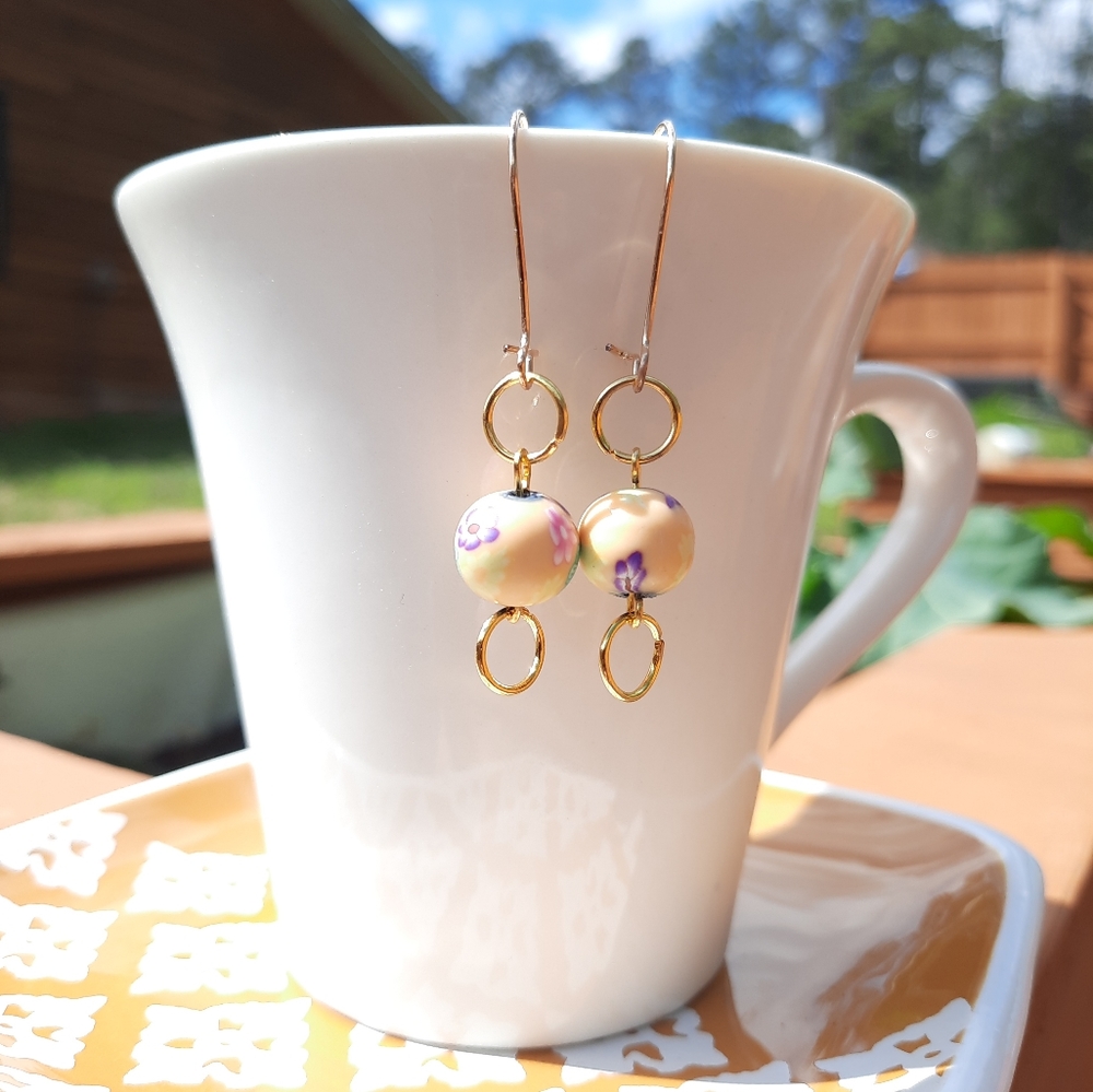 Peach Floral Bead Circle Dangle Earrings
